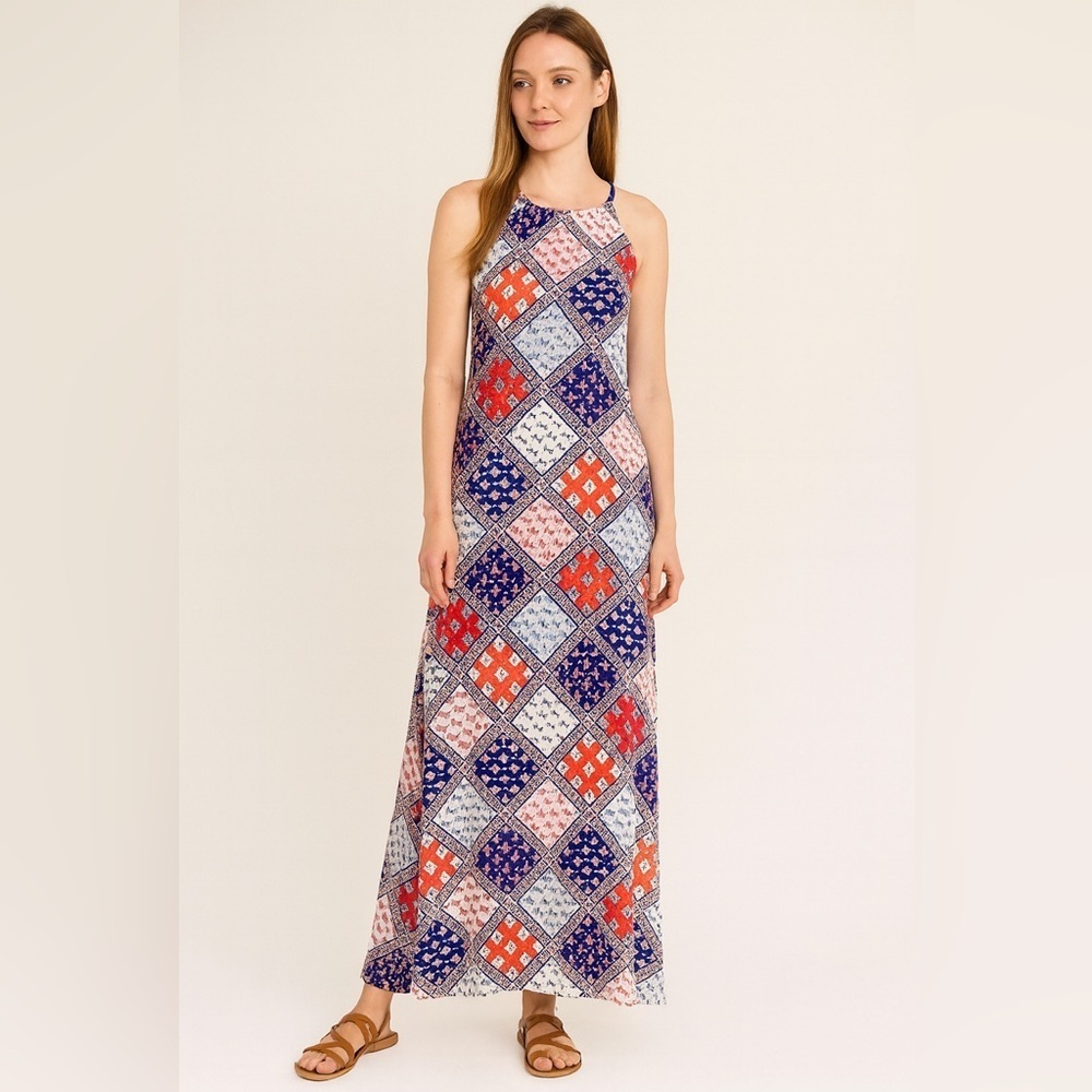 Gianni Bini Red & Blue High Neck Maxi Dress